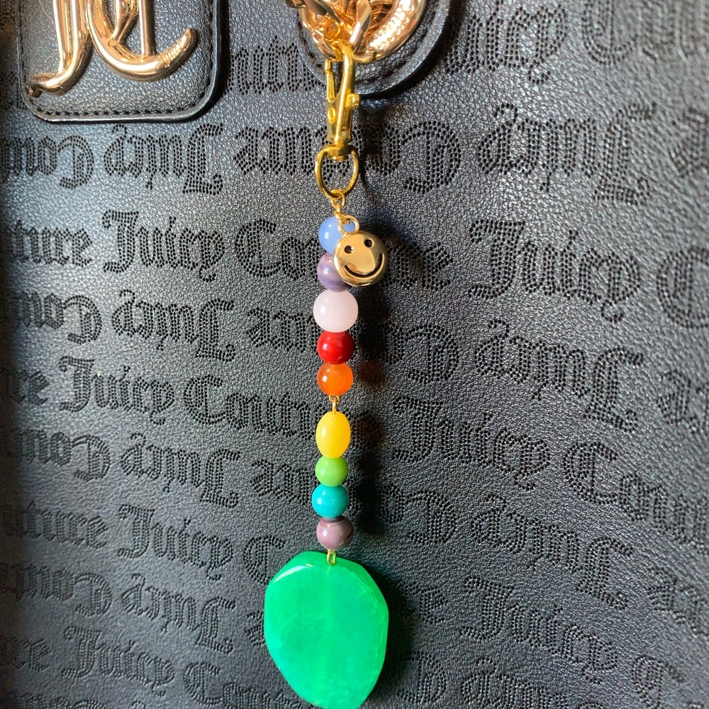 ColorfulBeaded Bag Charm Keychain with Green Gemstone
